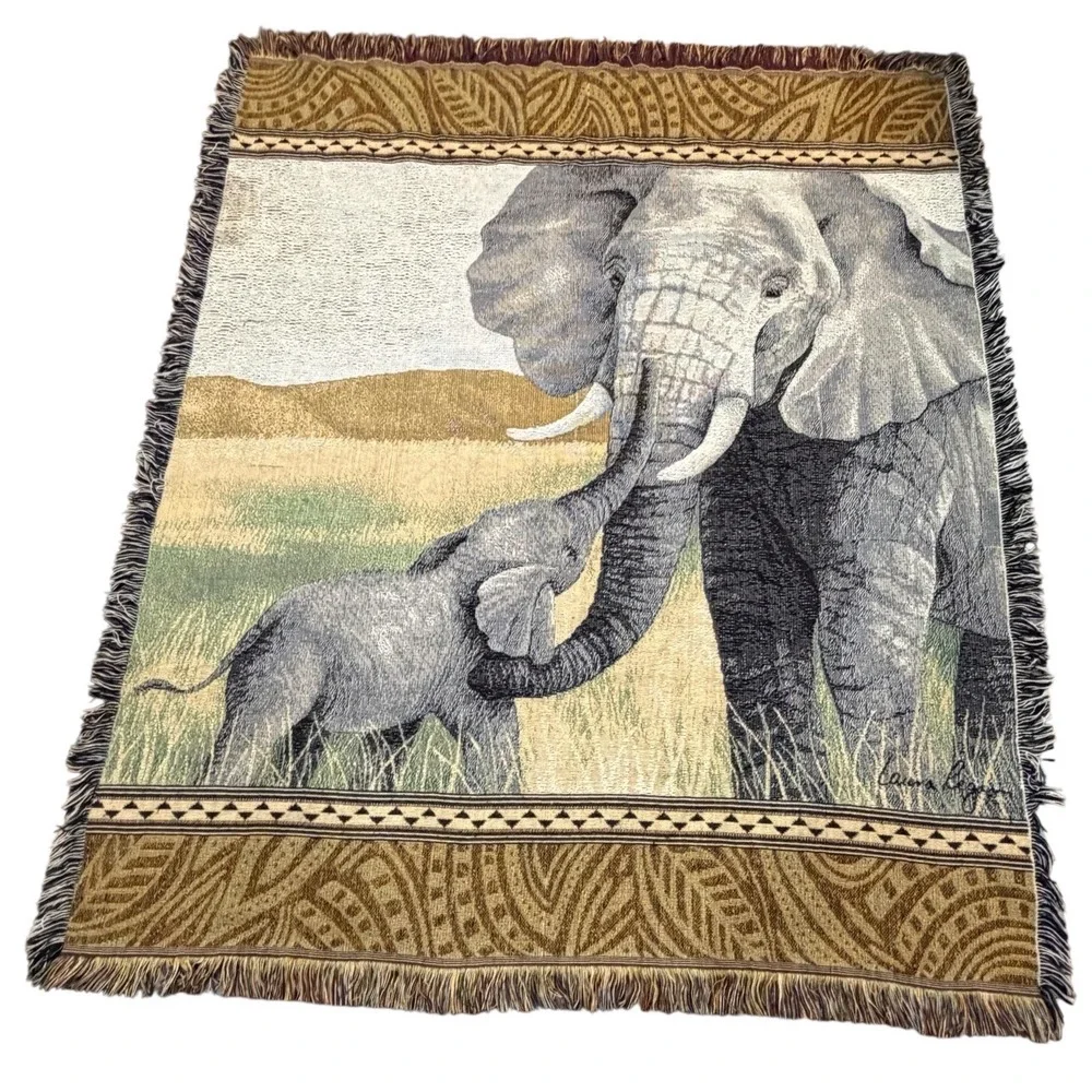 Vintage Laura Reagan Woven Tapestry African Elephant Mother Baby Safari Throw